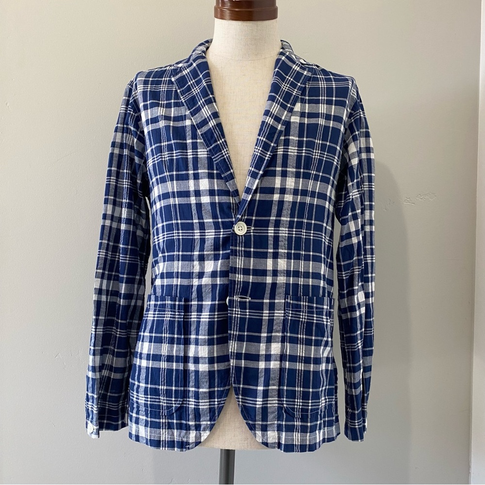EDIFICE JAPAN men's blue/white plaid/check shirt jacket, JP 44 (US XS)